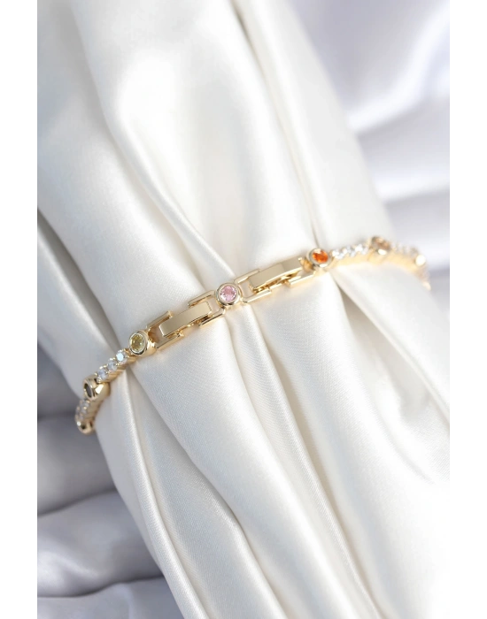 Pirinç Gold Renk Zirkon Taşlı Kadın Bileklik