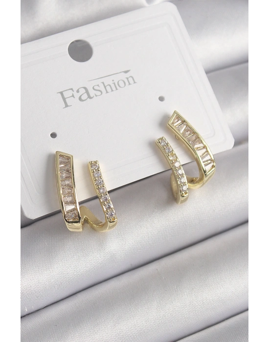 Pirinç Gold Renk Zirkon Taşlı Kadın Küpe