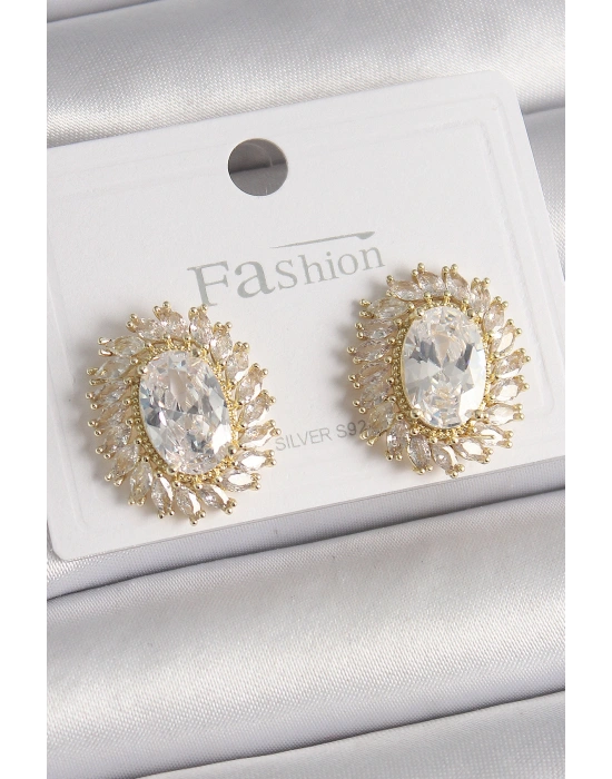 Pirinç Gold Renk Zirkon Taşlı Kadın Küpe