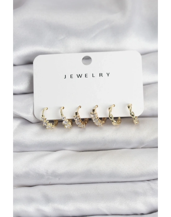 Pirinç Gold Renk Zirkon Taşlı Kadın Küpe Seti