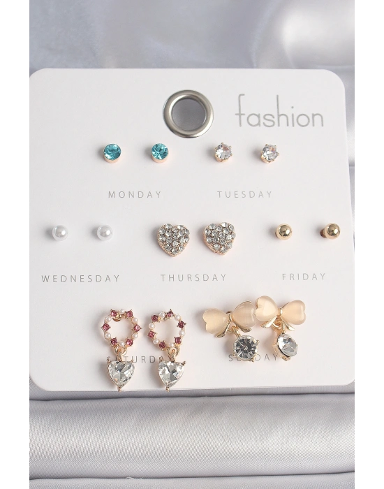 Pirinç Gold Renk Zirkon Taşlı Kalp Beyaz Mineli Fiyonk Figür 7 Çift Kadın Küpe Seti