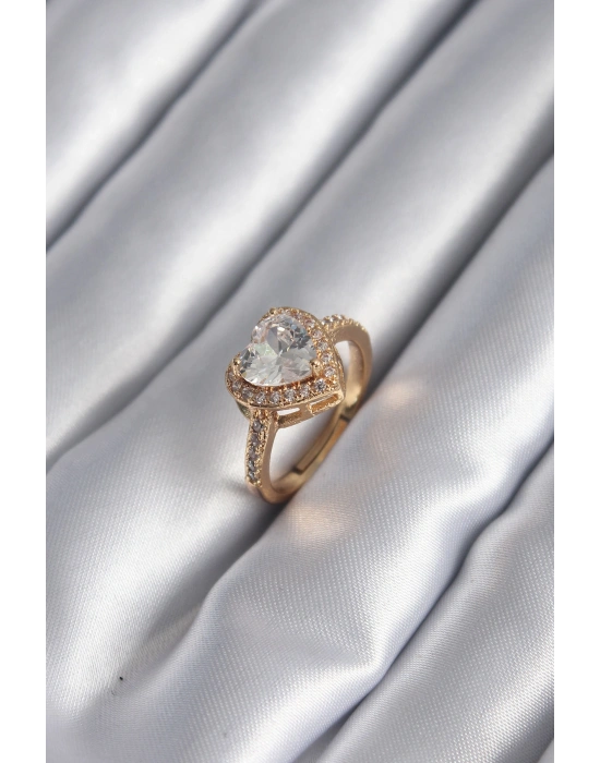 Pirinç Gold Renk Zirkon Taşlı Kalp Charm Model Kadın Yüzük