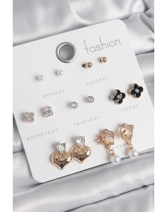 Pirinç Gold Renk Zirkon Taşlı Kalp Figür Siyah Yonca Detay 7 Çift Kadın Küpe Seti