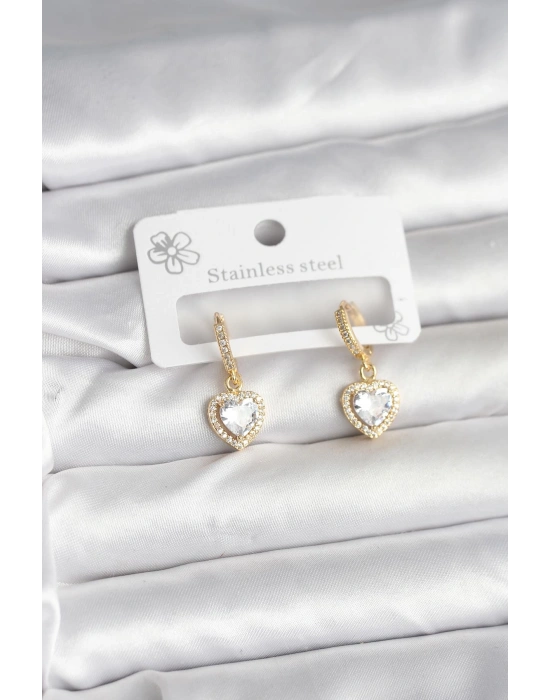 Pirinç Gold Renk Zirkon Taşlı Kalp Model Kadın Küpe