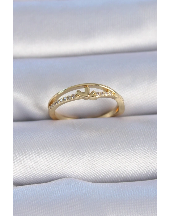 Pirinç Gold Renk Zirkon Taşlı Kalp Model Kadın Yüzük