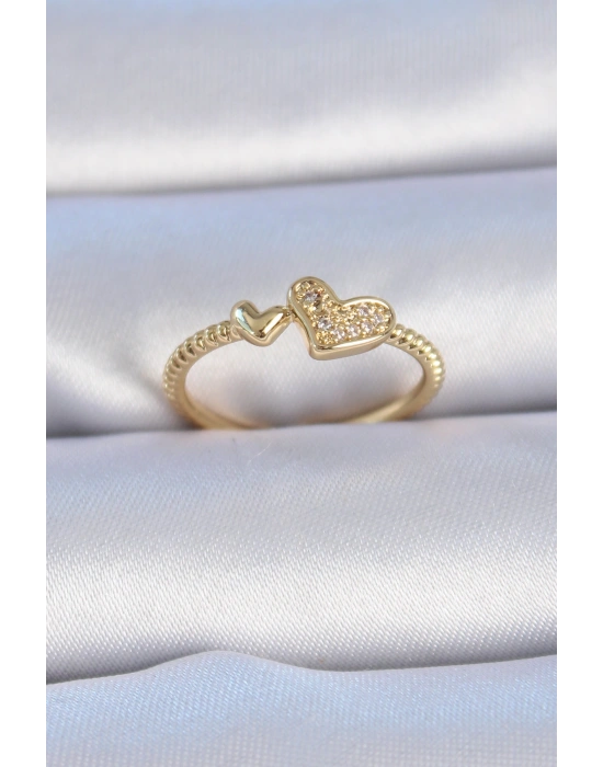 Pirinç Gold Renk Zirkon Taşlı Kalp Model Kadın Yüzük