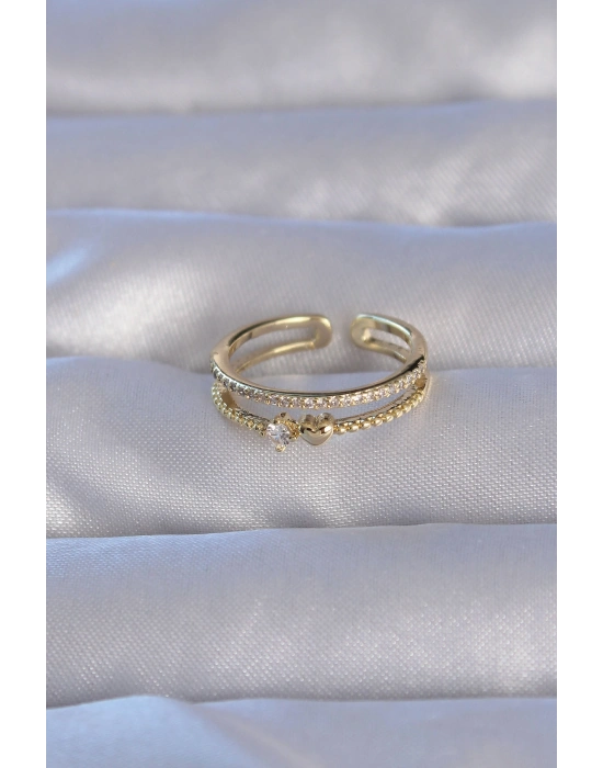 Pirinç Gold Renk Zirkon Taşlı Kalpli Su Yolu Model Ayarlanabilir Yüzük