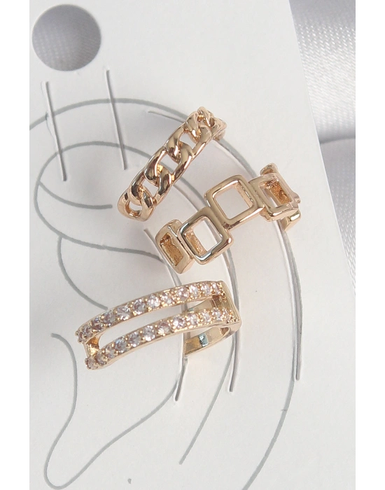 Pirinç Gold Renk Zirkon Taşlı Kare Zincir Model Kadın Kıkırdak Küpe