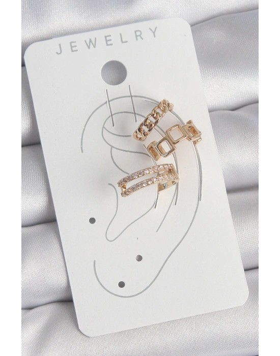 Pirinç Gold Renk Zirkon Taşlı Kare Zincir Model Kadın Kıkırdak Küpe