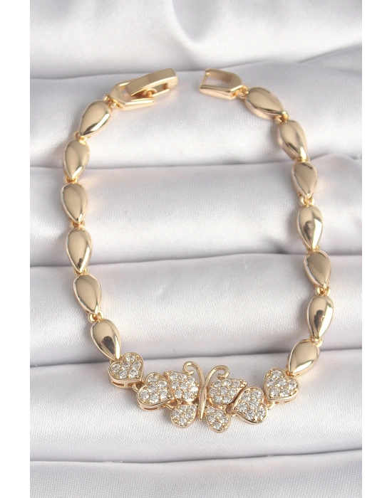 Pirinç Gold Renk Zirkon Taşlı Kelebek Figür Damla Zincir Model Kadın Bileklik