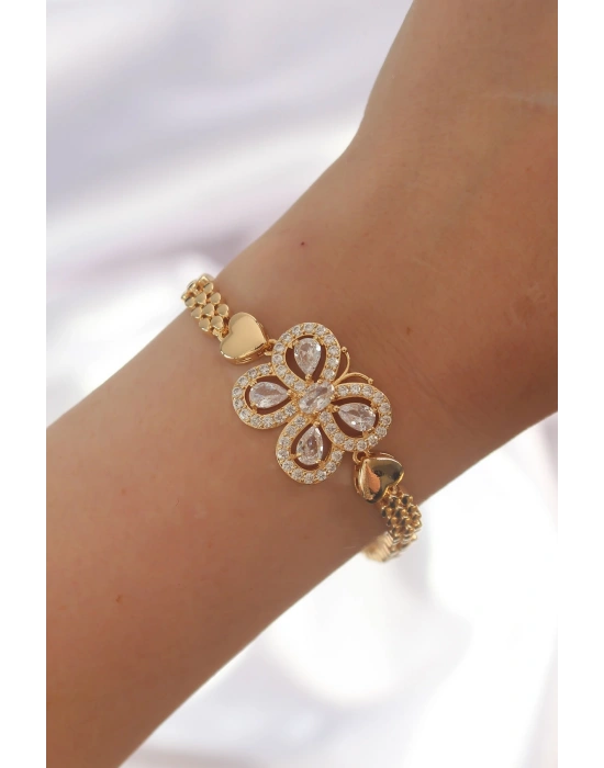 Pirinç Gold Renk Zirkon Taşlı Kelebek Figürlü Parçalı Model Bileklik