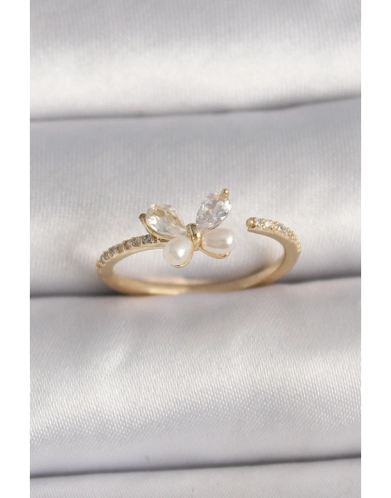 Pirinç Gold Renk Zirkon Taşlı Kelebek Mode İnci Detay Ayarlanabilir Yüzük