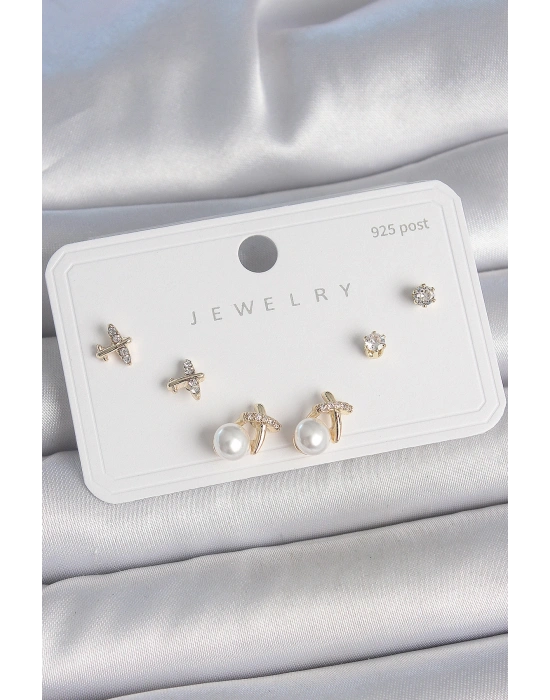 Pirinç Gold Renk Zirkon Taşlı Kelebek Model İnci Detay 925 Ayar Gümüş Çivi Kadın Küpe Seti