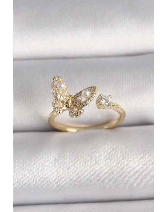 Pirinç Gold Renk Zirkon Taşlı Kelebek Model İnci Detay Ayarlanabilir Yüzük