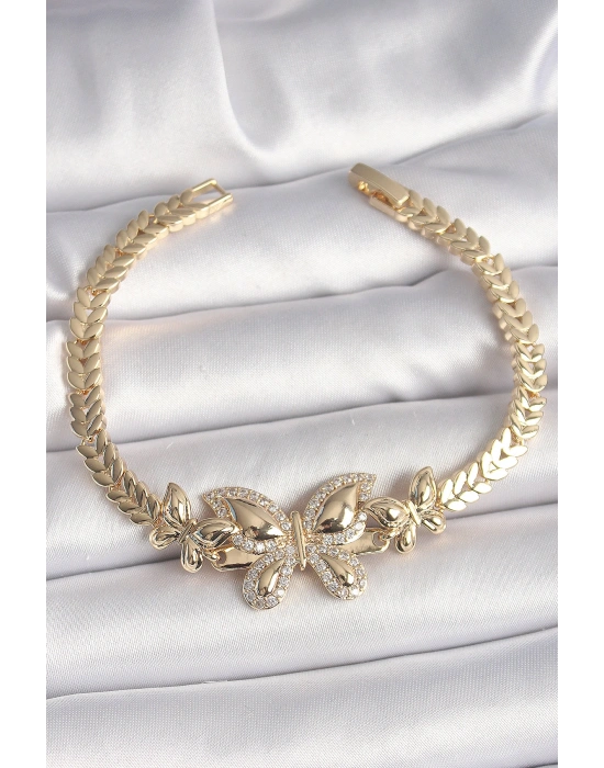 Pirinç Gold Renk Zirkon Taşlı Kelebek Model Kadın Bileklik