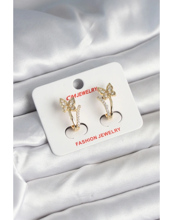 Pirinç Gold Renk Zirkon Taşlı Kelebek Model Kadın Küpe