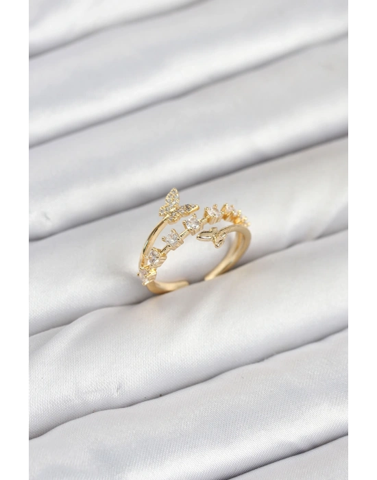 Pirinç Gold Renk Zirkon Taşlı Kelebek Model Kadın Yüzük