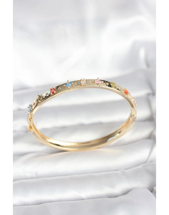 Pirinç Gold Renk Zirkon Taşlı Kelepçe Bileklik