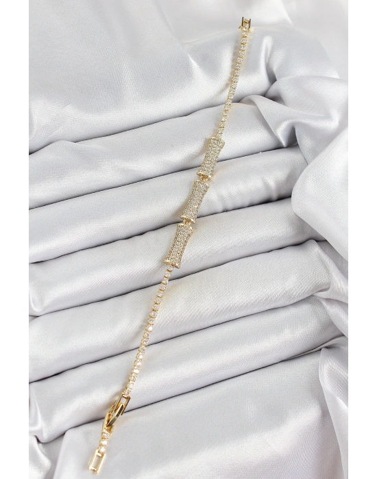 Pirinç Gold Renk Zirkon Taşlı Kemik Model Kadın Bileklik