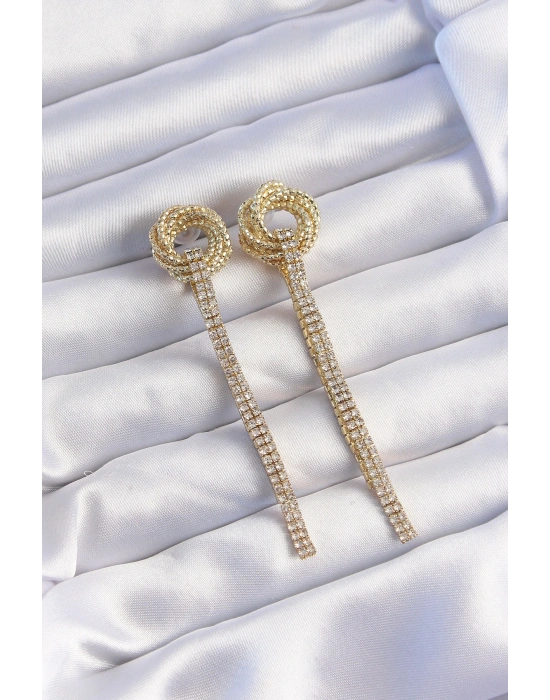 Pirinç Gold Renk Zirkon Taşlı Kıvrım Detay Sallantılı Küpe