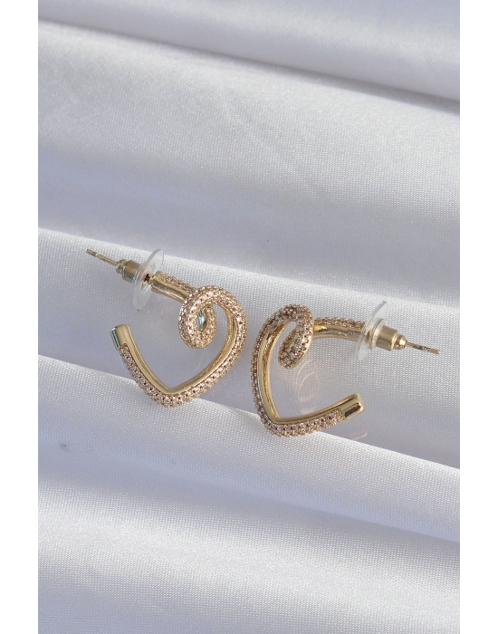 Pirinç Gold Renk Zirkon Taşlı Kıvrımlı Yarım Kalp Küpe