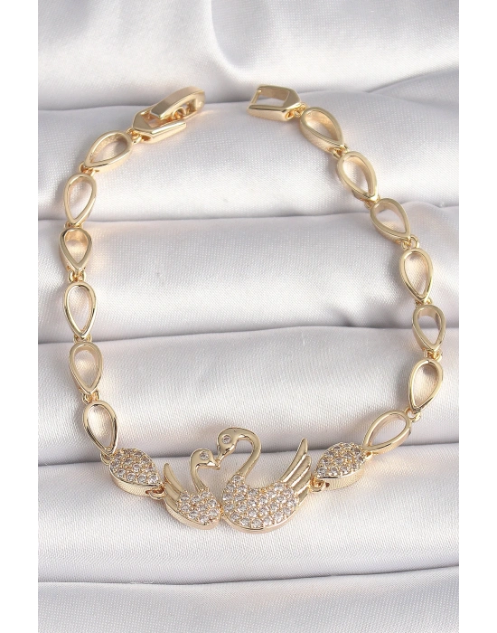 Pirinç Gold Renk Zirkon Taşlı Kuğu Figür Damla Zincir Model Kadın Bileklik