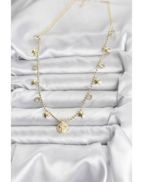 Pirinç Gold Renk Zirkon Taşlı Kutup Yıldızı Model Kadın Kolye