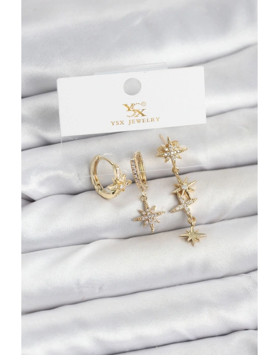 Pirinç Gold Renk Zirkon Taşlı Kutup Yıldızı Model YSX Trio Küpe Seti