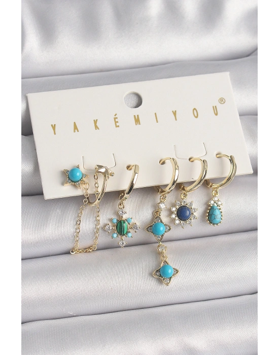 Pirinç Gold Renk Zirkon Taşlı Mavi Boncuklu Çiçek Model VIP Seri Kadın Küpe Kombini