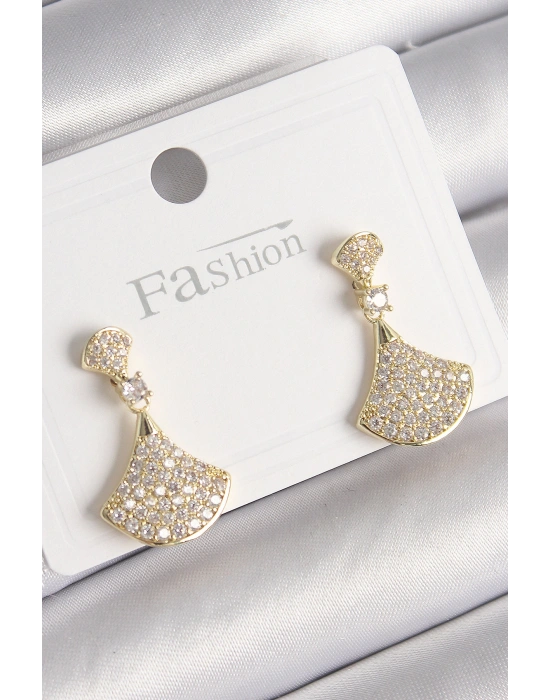 Pirinç Gold Renk Zirkon Taşlı Motif Model Kadın Küpe