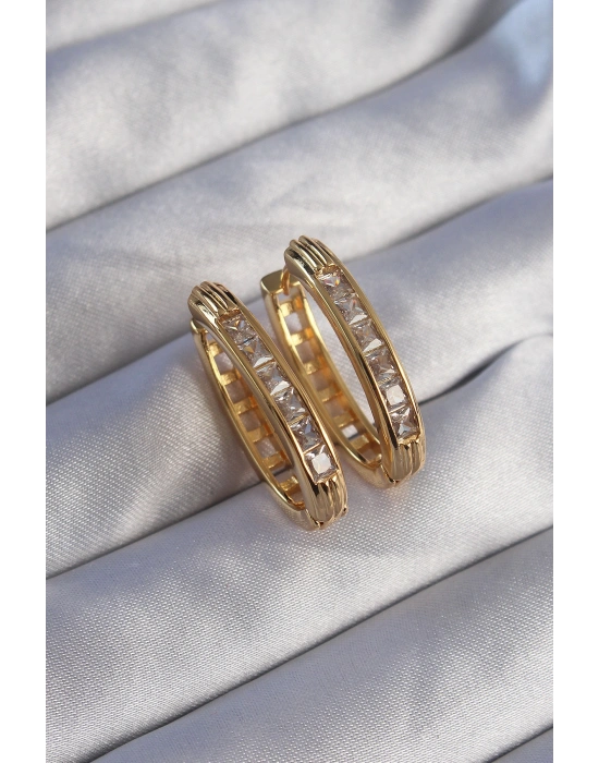 Pirinç Gold Renk Zirkon Taşlı Oval Model Küpe