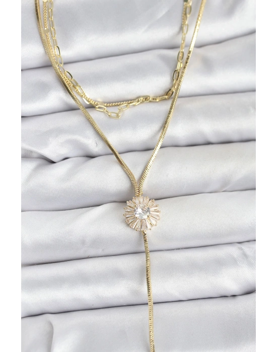 Pirinç Gold Renk Zirkon Taşlı Papatya Model Detaylı 3lü Kombin Y Kadın Kolye