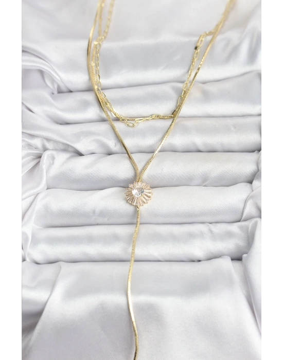 Pirinç Gold Renk Zirkon Taşlı Papatya Model Detaylı 3lü Kombin Y Kadın Kolye