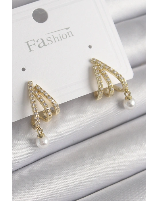 Pirinç Gold Renk Zirkon Taşlı Pençe Model İnci Detay Kadın Küpe