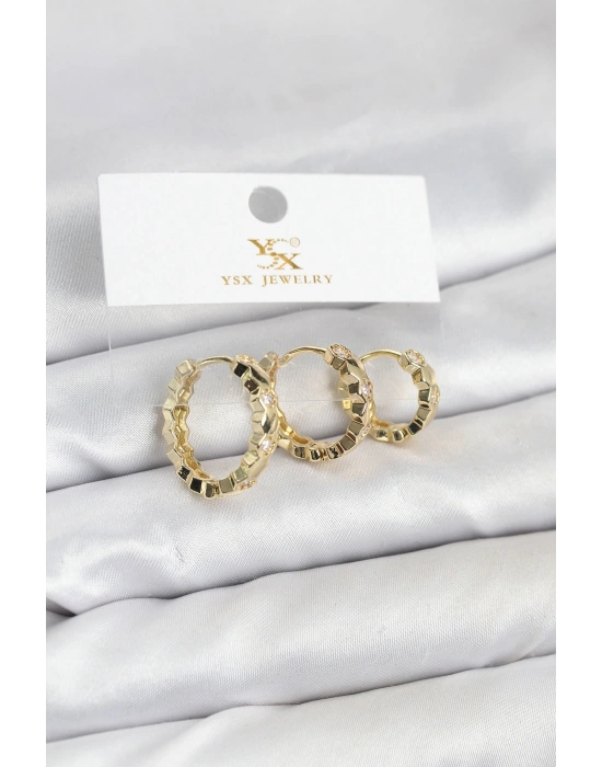 Pirinç Gold Renk Zirkon Taşlı Petek Halka Model YSX Trio Küpe Seti