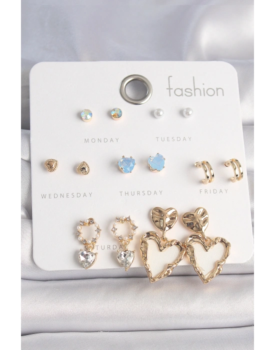 Pirinç Gold Renk Zirkon Taşlı Sallantı Beyaz Sedefli Kalp Model 7 Çift Kadın Küpe Seti