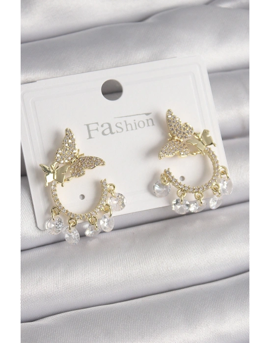 Pirinç Gold Renk Zirkon Taşlı Sallantı Detay Kelebek Model Kadın Küpe