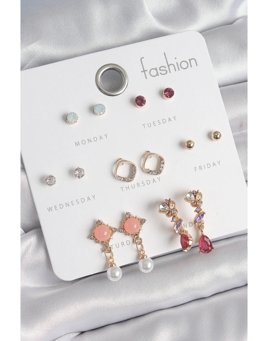 Pirinç Gold Renk Zirkon Taşlı Sallantı İnci Detay 7 Çift Kadın Küpe