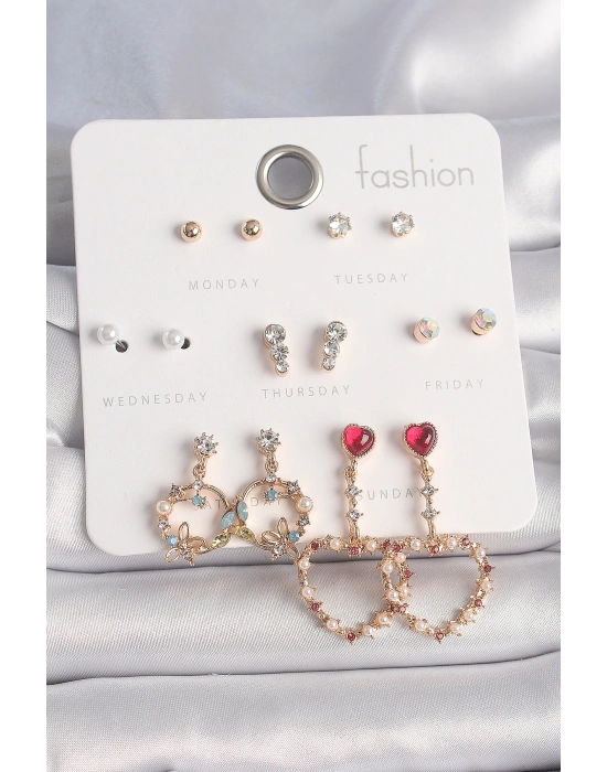 Pirinç Gold Renk Zirkon Taşlı Sallantı Kalp Figür 7 Çift Kadın Küpe Seti