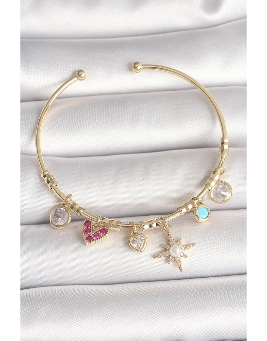 Pirinç Gold Renk Zirkon Taşlı Sallantı Kutup Yıldız Figür İnci Detay Charm Kadın Bileklik