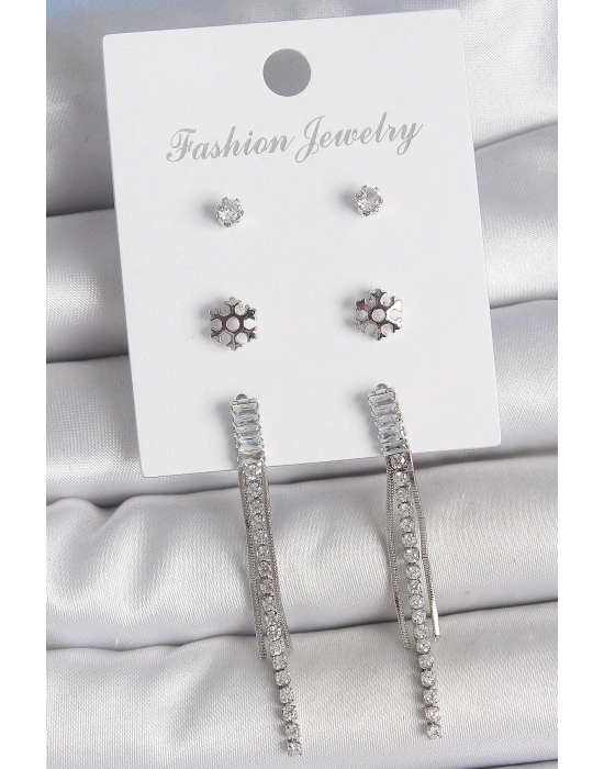 Pirinç Gold Renk Zirkon Taşlı Sallantılı Çiçek Detay 3 Çfit Kadın Küpe Seti