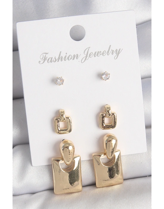 Pirinç Gold Renk Zirkon Taşlı Sallantılı Kare Model 3 Çift Kadın Küpe Seti