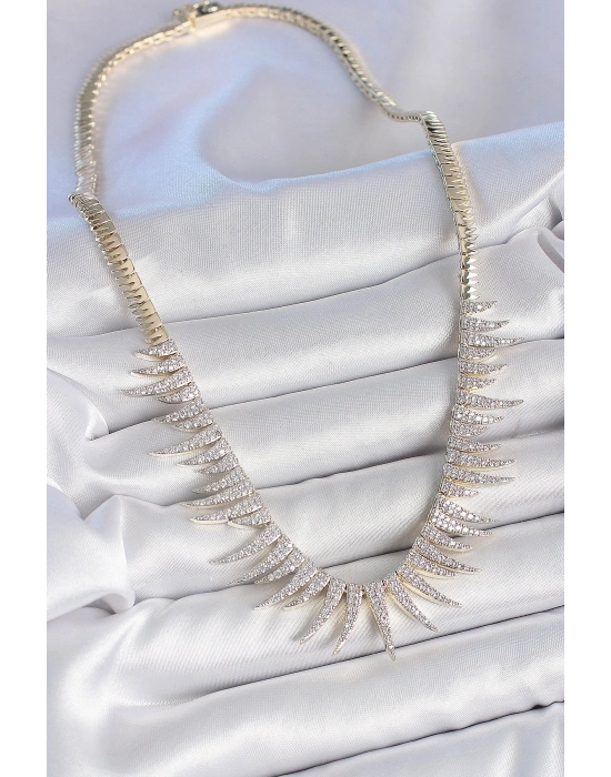 Pirinç Gold Renk Zirkon Taşlı Sivri Model VIP Seri Kadın Kolye