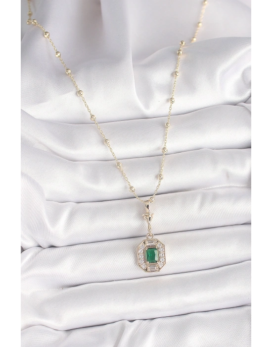 Pirinç Gold Renk Zirkon Taşlı Topçuk Zincir Serenay Model Kadın Kolye