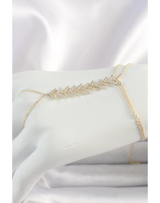 Pirinç Gold Renk Zirkon Taşlı V Model Kadın Şahmeran