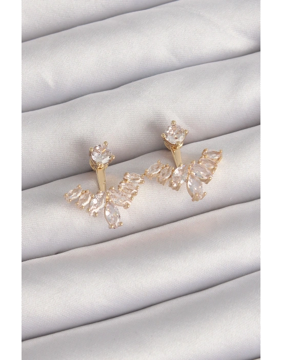 Pirinç Gold Renk Zirkon Taşlı V Model Küpe