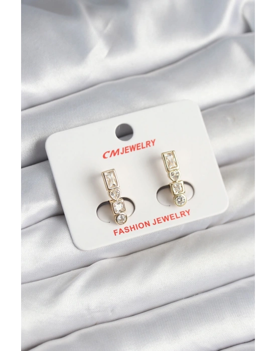 Pirinç Gold Renk Zirkon Taşlı Vintage Kadın Küpe