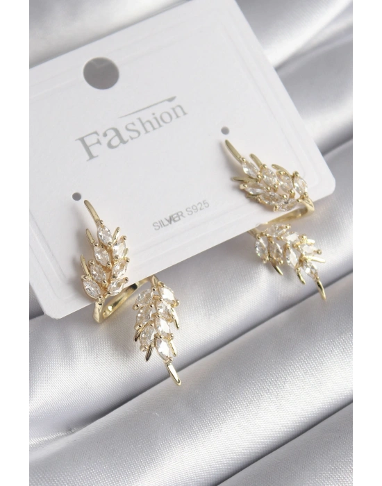 Pirinç Gold Renk Zirkon Taşlı Yaprak Model Kadın Küpe