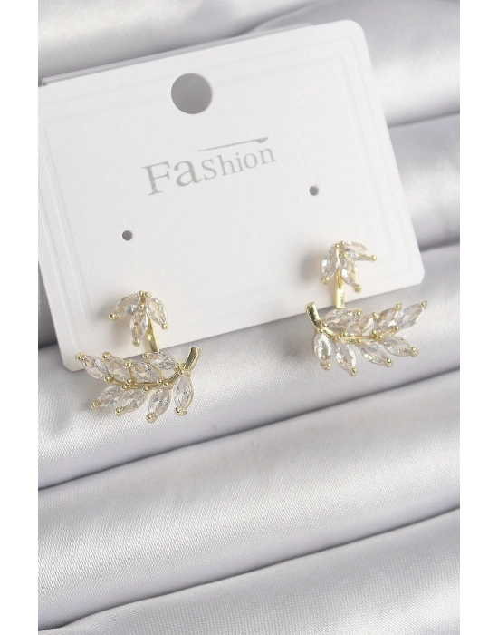 Pirinç Gold Renk Zirkon Taşlı Yaprak Model Kadın Küpe