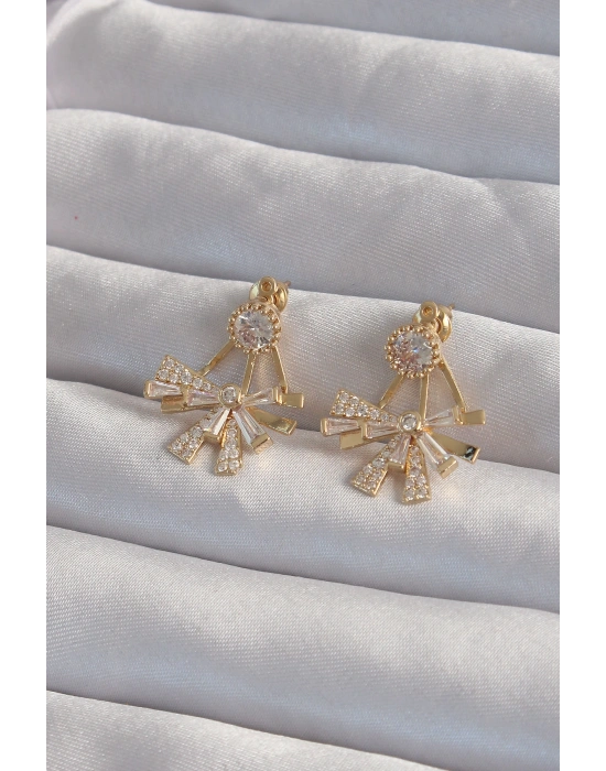 Pirinç Gold Renk Zirkon Taşlı Yassı Fiyonk Model Küpe